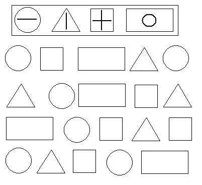 Расставь по образцу значки в геометрических фигурах